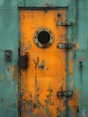 an orange door with rust near a green wall with some brown and blue stains Royalty Free Stock Photo