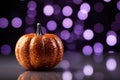 AI generated illustration of an orange glittered pumpkin in front of a purple bokeh background