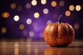 AI generated illustration of an orange glittered pumpkin in front of a purple bokeh background