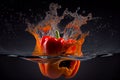 AI-generated illustration of an orange pepper in water with splash, dark background