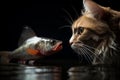 AI generated illustration of an orange tabby cat curiously sniffing a fresh fish