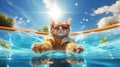AI generated illustration of an orange tabby cat wearing a life vest floating in a body of water