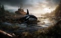 AI-generated illustration of an orca whale lying on large trash piles in the ocean