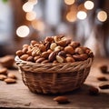 AI generated illustration of organic nut assortment in a woven basket with fresh almonds, hazelnuts Royalty Free Stock Photo
