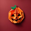 AI generated illustration of an origami pumpkin in a vibrant orange hue, against a red wall