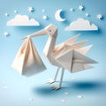 AI generated illustration of an origami stork on a blue background of stars and clouds