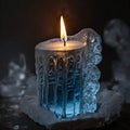 AI generated illustration of an ornamented icy candle illuminating the dark