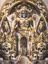 AI generated illustration of an ornate golden archway decorated with skulls and mysterious designs