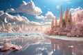 AI generated illustration of an ornate pink castle in the middle of a sandy expanse