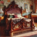 AI generated illustration of an ornate Victorian bed in a floral wallpapered bedroom