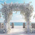AI generated illustration of an outdoor beach wedding arbor with white flowers