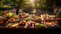 AI generated illustration of an outdoor buffet spread, with many fruit and vegetables