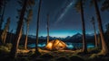 AI generated illustration of an outdoor camping scene featuring a green tent