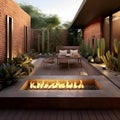 AI generated illustration of An outdoor patio area featuring a fire pit and a nearby cactus. Royalty Free Stock Photo
