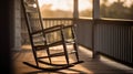 AI generated illustration of an outdoor rocking chair bathed in warm sunlight on porch of a house Royalty Free Stock Photo