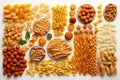 AI generated illustration of an overhead shot of a variety of pastas in a grid formation