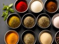AI generated illustration of an overhead view of an assortment of spices and herbs in small bowls