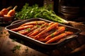 a pan filled with carrots on top of a wooden table