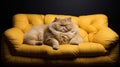 AI generated illustration of an overweight feline lounging on a luxurious yellow leather armchair