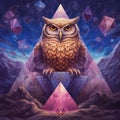 AI generated illustration of an owl on a crystal pyramid with some diamonds around it