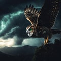 AI generated illustration of an owl flying against a backdrop of a mountains amidst a rainy weather