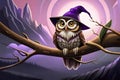 AI generated illustration of an owl perched on a tree branch at purple sunset