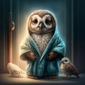 AI generated illustration of an owl wearing a bathrobe standing near a baby owl