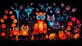 AI generated illustration of owls perched atop a rustic tree trunk in a colorful landscape