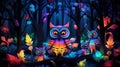 AI generated illustration of owls perched atop a rustic tree trunk in a colorful landscape