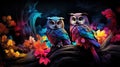 AI generated illustration of owls perched atop a rustic tree trunk in a colorful landscape