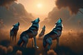 AI generated illustration of a pack of gray wolves in a sunlit grassy field