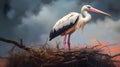 AI generated illustration of a painted stork perched on its nest at night Royalty Free Stock Photo