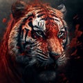 AI generated illustration of a painted tiger's face on the dark empty background