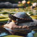 AI-generated illustration of a painted turtleon a rock in a tranquil pond