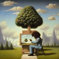 AI generated illustration of a painter creating a landscape art piece in a lush green meadow