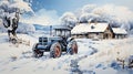 AI generated illustration of a painting of an aged tractor in a snowy environment