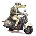 AI generated illustration of a painting of an alligator wearing sunglasses riding a motorcycle