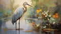 AI generated illustration of a painting of a beautiful heron in its natural habitat