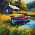 AI generated illustration of a painting of a boat anchored in a peaceful harbor in front of a house