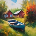 AI generated illustration of a painting of a boat anchored in a peaceful harbor in front of a house