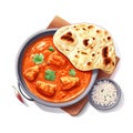 AI-generated illustration of a painting of a bowl of chicken curry with garlic bread on the side.