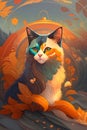 AI generated illustration of a painting of a cat resting on an autumn foliage