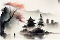 AI generated illustration of a painting of dramatic japanese landscape reflected on the lake