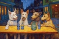 AI-generated illustration of a painting of four dogs sitting at the table.