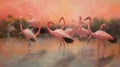 AI generated illustration of a painting of a group of flamingos at sunset near a lake