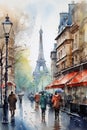 AI generated illustration of a painting of people walking down a street at the Eiffel Tower in Paris Royalty Free Stock Photo