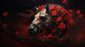 AI-generated illustration of a painting of a horses head surrounded by red flowers