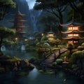 AI generated illustration of a painting of an illuminated pagoda on a hillside in the evening