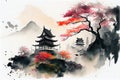 AI generated illustration of a painting of japanese landscape with sakura trees and oriental houses