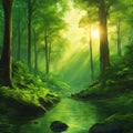 AI generated illustration of a painting of a lush green forest with a tranquil lake and trees